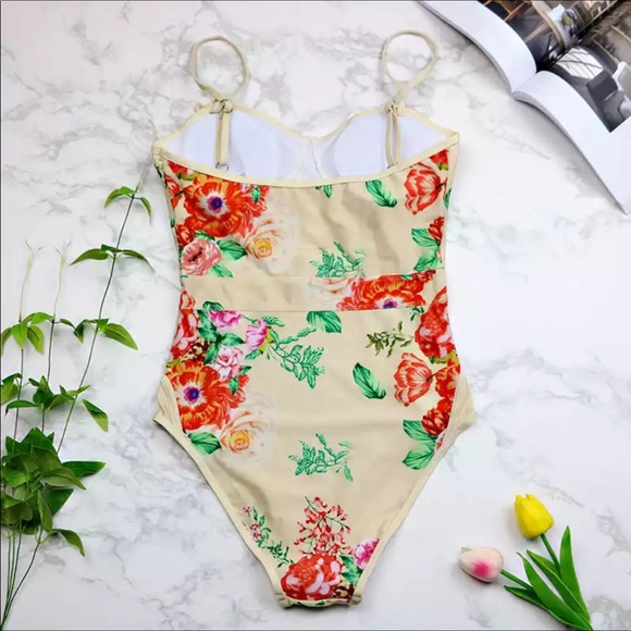 Ivory Floral One Piece Suit with Bow accents - Picture 3 of 8